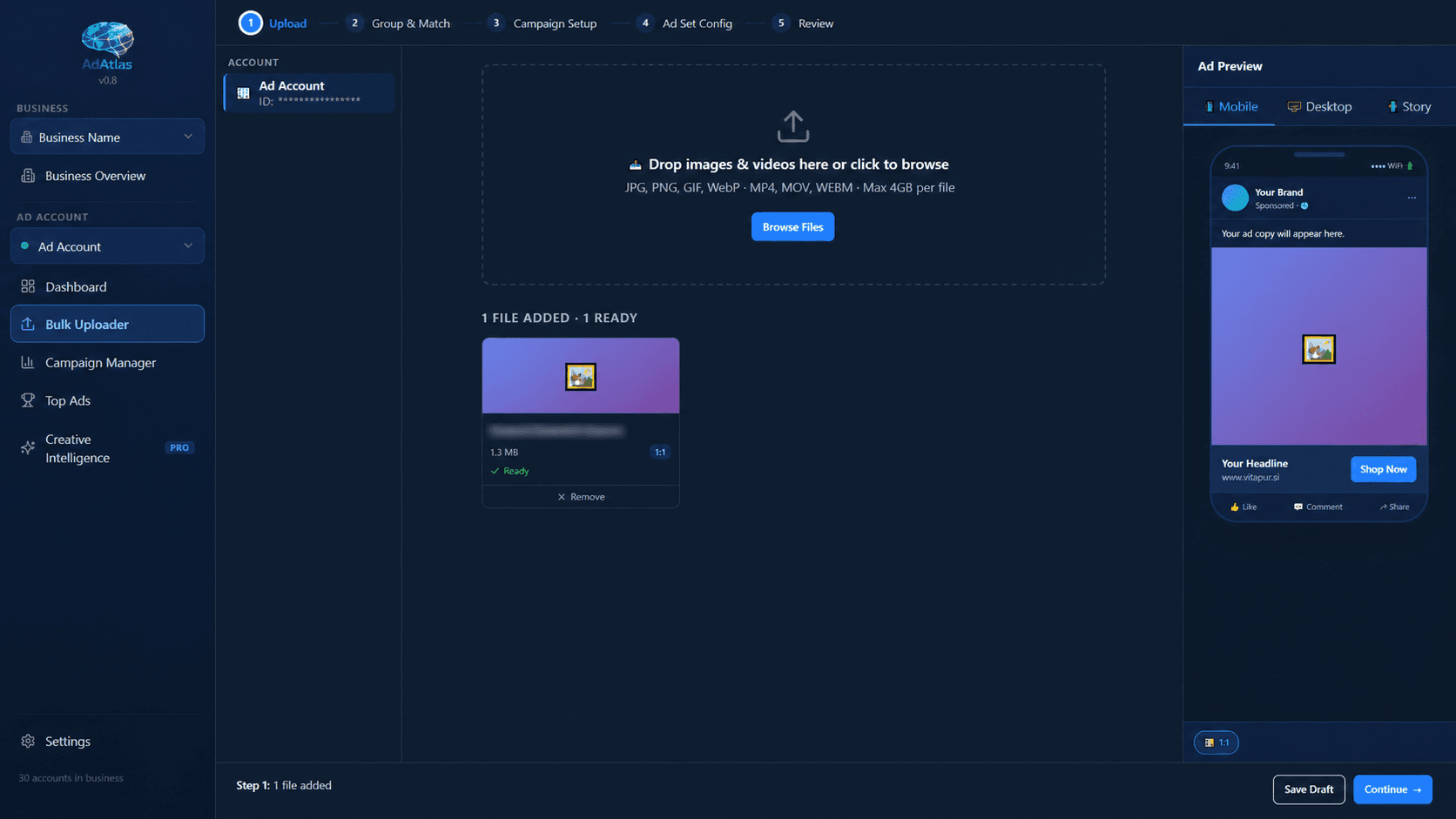 AdAtlas Bulk Uploader creative upload step.