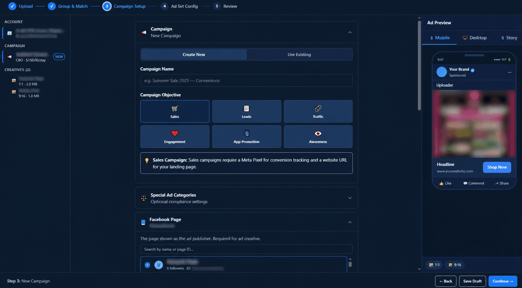AdAtlas Bulk Uploader campaign setup step.
